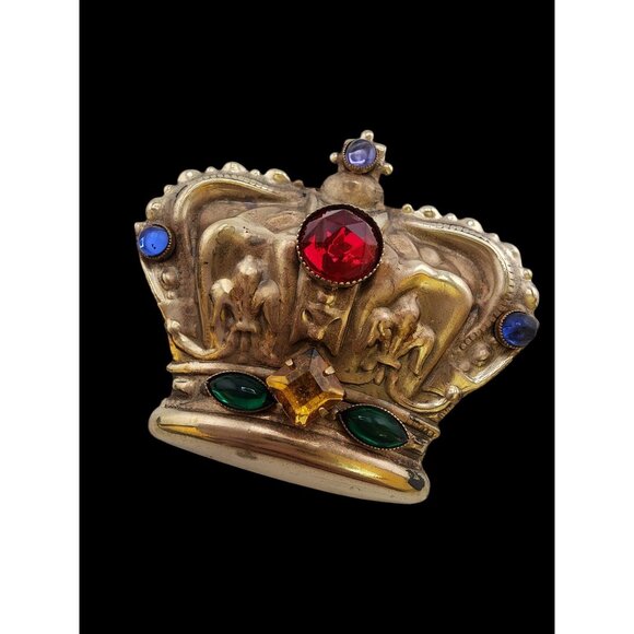 Amazing Repousse Jeweled Dimensional Crown Brooch (A5559) - Picture 1 of 5
